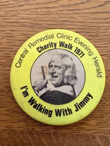 Vintage Jimmy Savile Charity Walk 1971 Badge Central Remedial Clinic Evening Herald