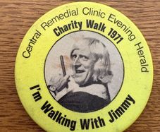 Vintage Jimmy Savile Charity Walk 1971 Badge Central Remedial Clinic Evening Herald