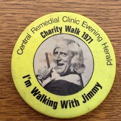 Vintage Jimmy Savile Charity Walk 1971 Badge Central Remedial Clinic Evening Herald