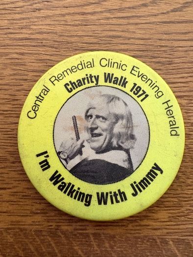 Vintage Jimmy Savile Charity Walk 1971 Badge Central Remedial Clinic Evening Herald