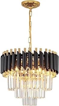Black and Gold Crystal Chandelier Pendant Light, Small Modern Crystal Chandelier for Entryway, Corridor, Balcony, Porch, Restaurant, Door Opening, E27 x 3, ?40cm