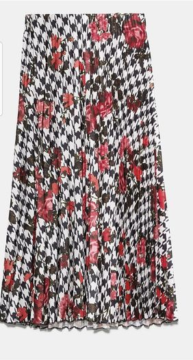 Zara Multicoloured Houndstooth & Floral Print Pleated Flowing Midi Skirt  Xs