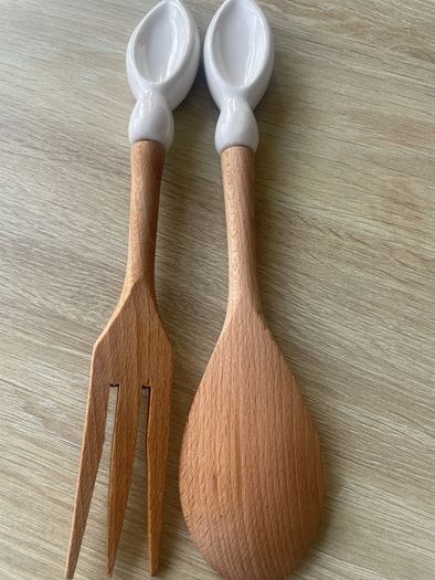 Italian Ceramic And Wood Handmade Salad Servers