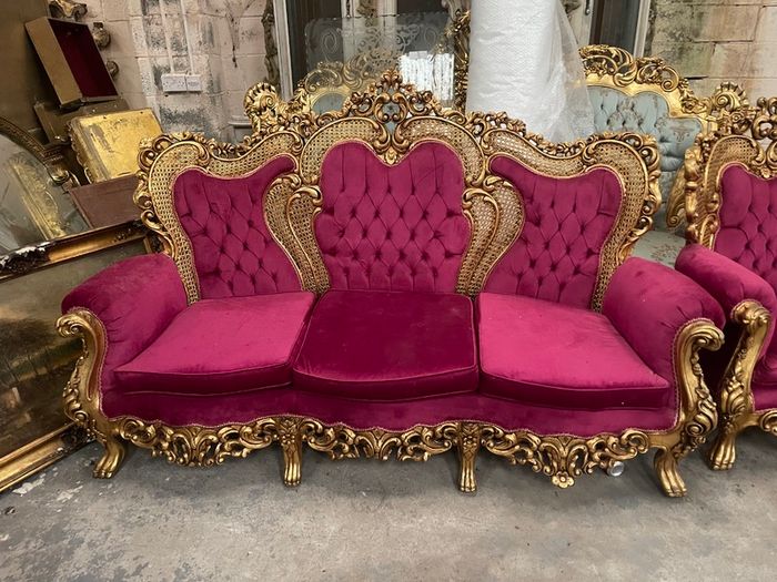 Old three piece salon set that has been recovered and the gilt gold has been redone