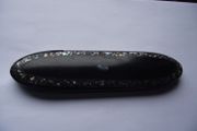 Antique Victorian Black Lacquered Papier Mache Spectacle Case with Abalone Inlay