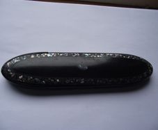 Antique Victorian Black Lacquered Papier Mache Spectacle Case with Abalone Inlay