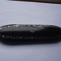 Antique Victorian Black Lacquered Papier Mache Spectacle Case with Abalone Inlay