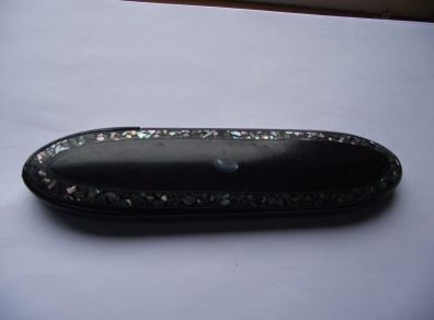 Antique Victorian Black Lacquered Papier Mache Spectacle Case with Abalone Inlay