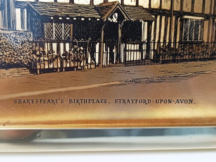 Two Dufex gold foil prints Shakespeare's Birthplace in Stratford-upon-Avon and Man & his Horse Chiddingstone, Kent  in brass glazed frames   size 17.5x22.5cm