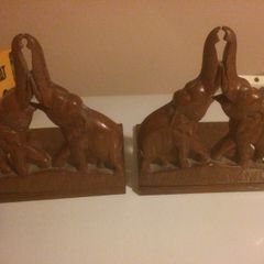 Pair hand craved wooden elephant bookends free postage