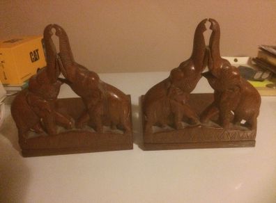 Pair hand craved wooden elephant bookends free postage