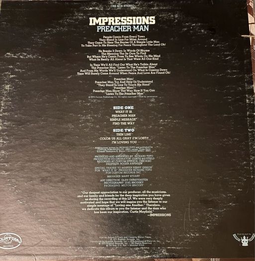 The Impressions Preacher Man LP 1973 US Original Curtom CRS 8016