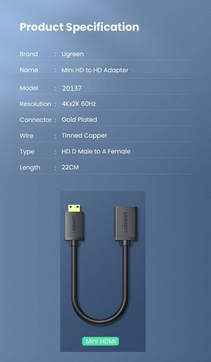 Ugreen Mini HDMI (Male) to HDMI (Female) 3D/UHD 4K@60Hz Bi-Directional Cable Adapter (Gold-Plated) (Brand New/Warranty)