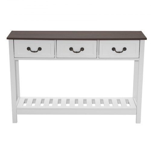 120 cm Console Table, Farmhouse Desk Behind the Couch with Drawers and Bottom Storage Shelf, Wooden Rectangle Entrance Narrow Sofa Table for Hallway, Bedroom, Living Room, Foyer, Brown + White