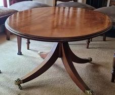mahogany coffee table and 6 chairs, corner cabinet , 3 crystal bowls