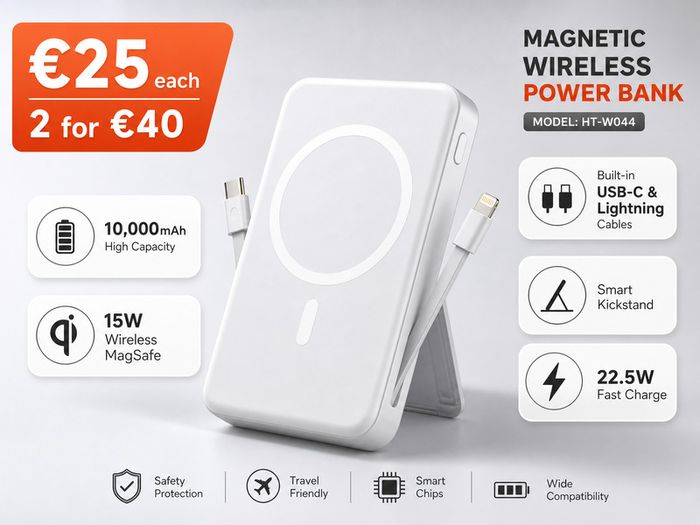 Premium 10000mAh Magnetic Wireless Power Bank with Built-in Cables and Stand - White - Brand New - 15W MagSafe & 22.5W Fast Charge
