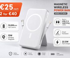 Premium 10000mAh Magnetic Wireless Power Bank with Built-in Cables and Stand - White - Brand New - 15W MagSafe & 22.5W Fast Charge