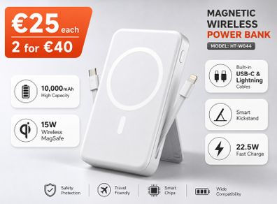 Premium 10000mAh Magnetic Wireless Power Bank with Built-in Cables and Stand - White - Brand New - 15W MagSafe & 22.5W Fast Charge