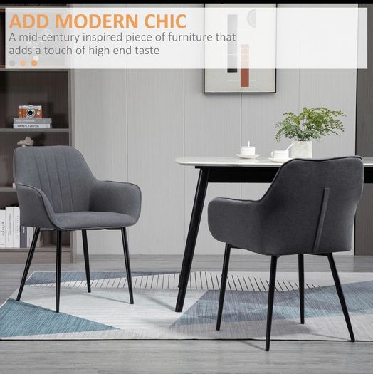 Mid-Century Dining Chairs Upholstered Linen Fabric Accent Chairs with Metal Legs, Set of 2, Dark Grey