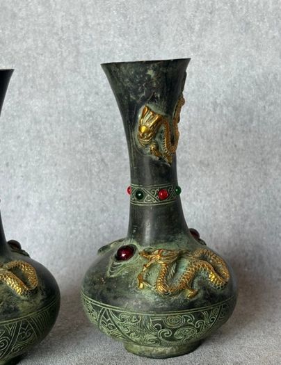 Two Chinese Dragon Vases  - Patinated Bronze, Signed