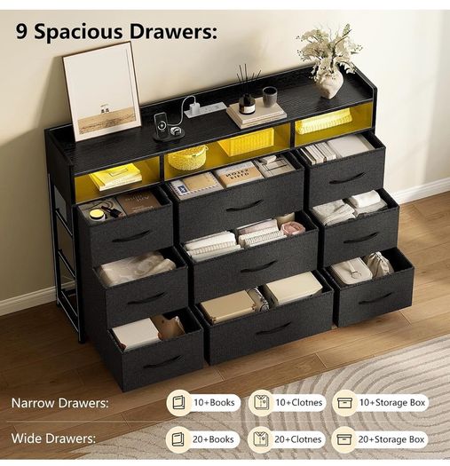 Chest of Drawers for Bedroom with LED and Charging Station, Black