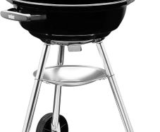 BBQ Grill with Porcelain-Enamelled Lid & Bowl, Tripod Stand & Wheels, Chromed Grill Grate Black
