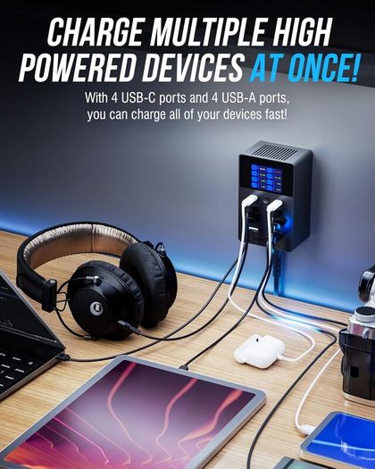 SABRENT 252W Charger - 8-Port USB PD 3.0 with LCD Display, Fast Charging for USB-C & USB-A Devices, Laptops, Phones, Tablets, Gaming Consoles - PPS, Overcharge Protection, Travel-Friendly (AX-8PTC)