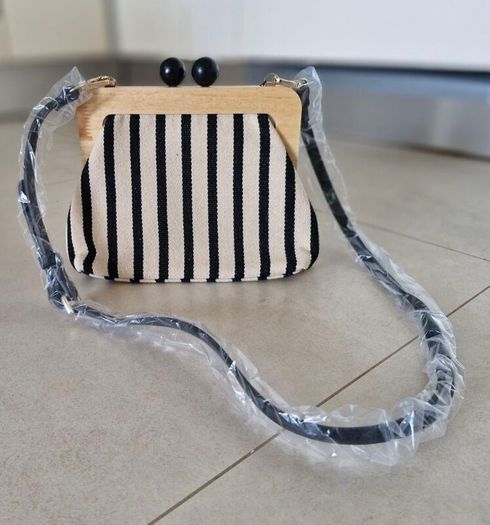 Zara Canvas Striped Wooden Clutch Bag in cream/black