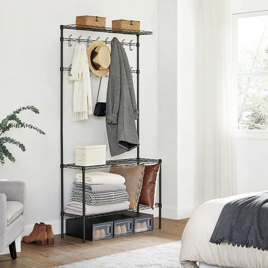 coat rack, wardrobe, made of metal, clothes rack, with adjustable shoe rack, 16 double hooks, large, 90 cm long, for hat, bag, umbrella, hallway, black