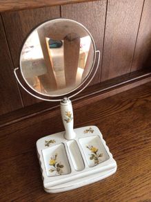 Vintage yellow rose pattern ceramic cottagecore shaving/ beauty mirror