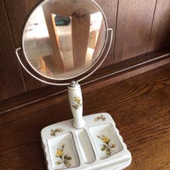 Vintage yellow rose pattern ceramic cottagecore shaving/ beauty mirror