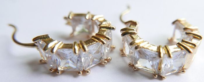 Vintage Gold Plated Huggie Hoop Earrings Cubic Zirconia Stones
