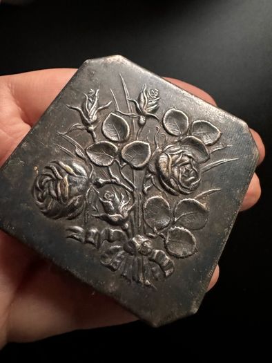 Vintage Floral Powder Compact  Silver-Tone Metal