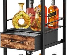 Wine Racks Free Standing- 4-Tier Stepped Drinks Cabinet Home Bar with Fabric Drawer, Wine Cabinet Wine & Glass Organizer, Bar Cabinets for Living Room, Kitchen, or Dining Room
