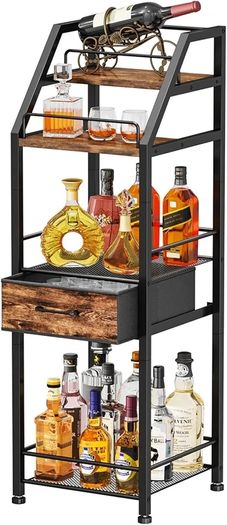 Wine Racks Free Standing- 4-Tier Stepped Drinks Cabinet Home Bar with Fabric Drawer, Wine Cabinet Wine & Glass Organizer, Bar Cabinets for Living Room, Kitchen, or Dining Room