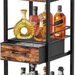 Wine Racks Free Standing- 4-Tier Stepped Drinks Cabinet Home Bar with Fabric Drawer, Wine Cabinet Wine & Glass Organizer, Bar Cabinets for Living Room, Kitchen, or Dining Room