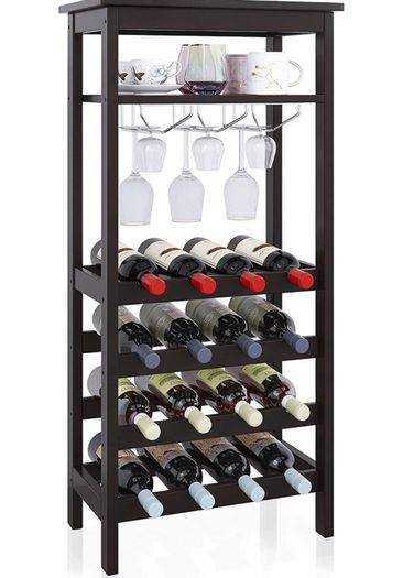 Wine Rack with Glass Holder & Table Top, 16 Bottles Storage, Floor Free Standing Bamboo Display Shelves for Home, Kitchen, Pantry, Cellar, Bar (MULTIPLE COLOURS)