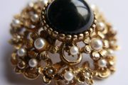 Vintage Victorian revival gold  layered domed brooch with black glass and faux pearls