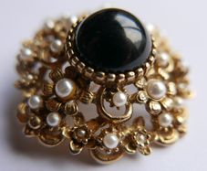 Vintage Victorian revival gold  layered domed brooch with black glass and faux pearls