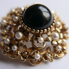 Vintage Victorian revival gold  layered domed brooch with black glass and faux pearls