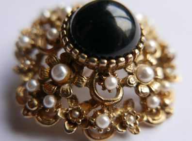 Vintage Victorian revival gold  layered domed brooch with black glass and faux pearls