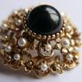 Vintage Victorian revival gold  layered domed brooch with black glass and faux pearls Image 5