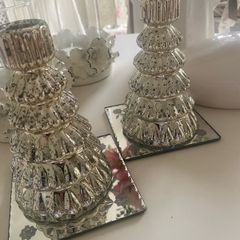 ShabbyChic Set of 2 Crackled Glass Candle Holders and Also Laura Ashley Mirror Bases for sale too 2e each