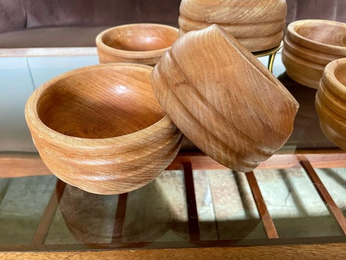 Rare Set 6 Rustic Irish Wood Turned Beehive Style Bowls Retos Shannon 1970s
