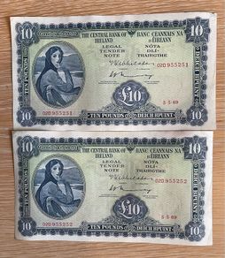 1969 Lady Lavery 10 Pound Banknotes X 2 in Sequence
