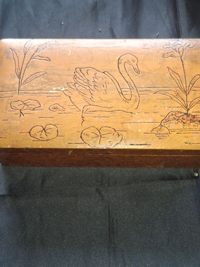 Antique Cedar Wood Box featuring a Swan Design on the Lid., Postage Available