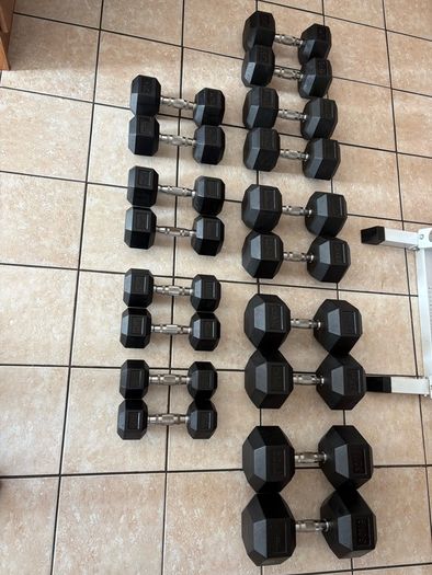 Rubber Hex Dumbbell Set + Upright Dumbbell Storage Rack