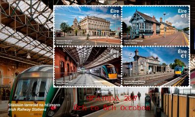 2017 Ireland Stampa Public Souvenir on Irish Railway Stations (Heuston, Clarke, Kent & Bagnelstown) Miniature Sheet Overprinted for Stampa Mint Never Hinged (MNH)
