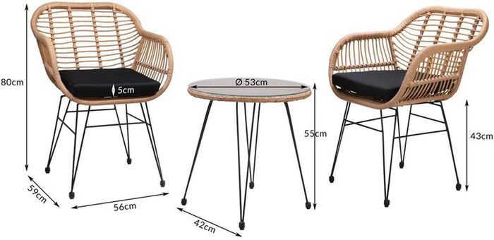 _3-Piece. Balcony Set Side Table 2 Lounge Chairs Indoor Outdoor Weatherproof Natural Poly Rattan Look Garden Balcony Set