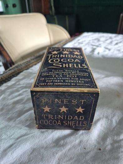 Antique Vintage Trindad cocoa shells cardboard packaging with product